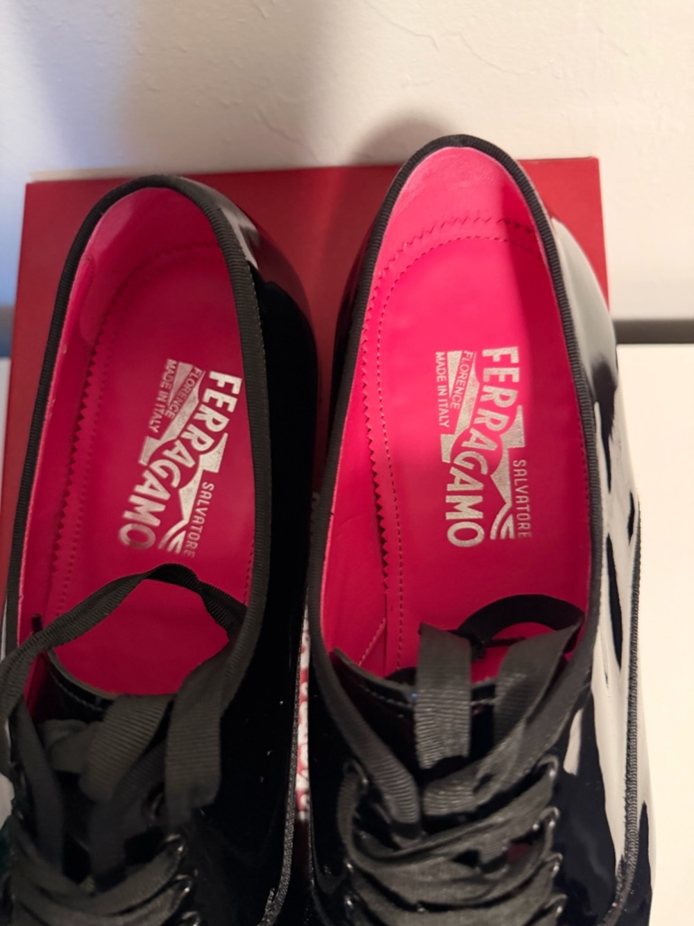 Salvatore Ferragamo Black Patent Leather Oxfords with Pink Lining - Picture 2 of 5